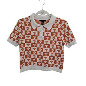 Forever 21‎ Blouse Large Apricot & Cream Checkered Soft Knit Top Semi Crop Boho